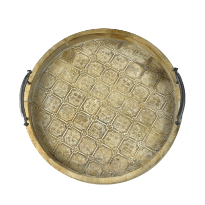 Bandeja redonda 46cm HOJA FINA madera blanco decape asa metal