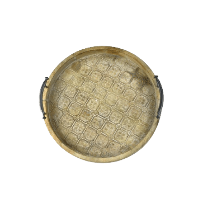 Bandeja redonda 38cm HOJA FINA madera blanco decape asa metal