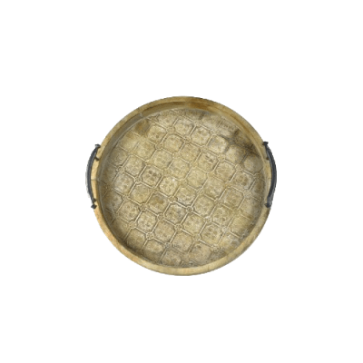 Bandeja redonda 31cm HOJA FINA madera blanco decape asa metal